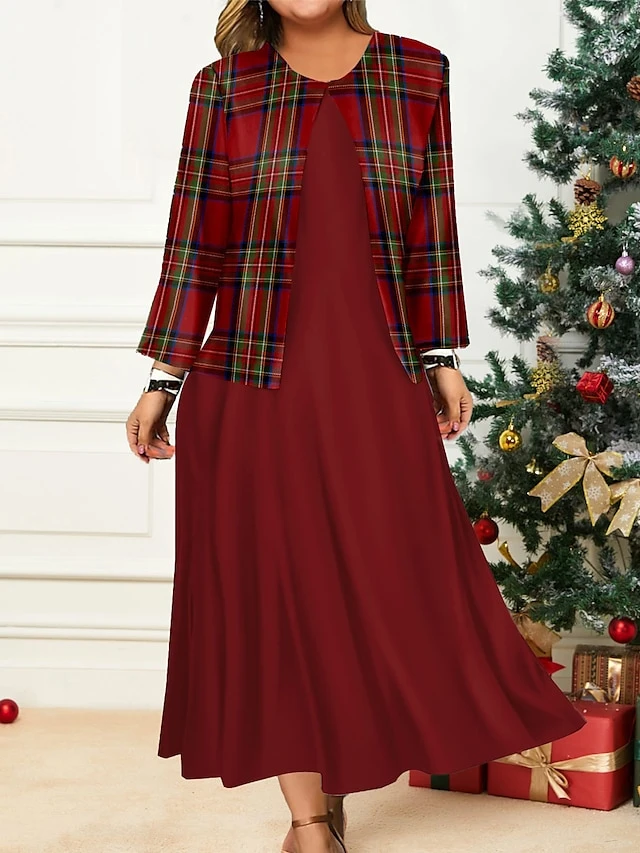 Women's Christmas Plus Size Curve Casual Dress Dress Set Two Piece Dress Plaid Midi Dress Long Sleeve Print Crew Neck Fashion Outdoor Wine Blue Fall Winter L XL XXL 3XL 4XL 1 Women's Christmas Plus Size Curve Casual Dress Dress Set Two Piece Dress Plaid Midi Dress Long Sleeve Print Crew Neck Fashion Outdoor Wine Blue Fall Winter L XL XXL 3XL 4XL