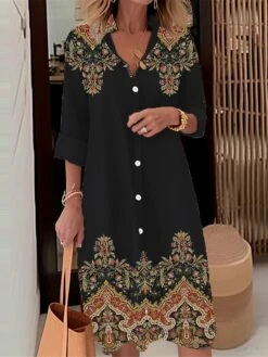 Women's Shirt Dress Casual Dress Midi Dress Outdoor Daily Date Polyester Fashion Modern Shirt Collar Button Pocket Long Sleeve Fall Winter 2023 Loose Fit Black Wine Red Floral S M L XL 2XL