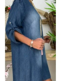 Women's Denim Dress Shift Dress Denim Shirt Dress Midi Dress Denim Chic & Modern Casual Winter Dress Daily Vacation V Neck Patchwork Long Sleeve Summer Spring Fall 2022 Loose Fit Blue Pure Color S M -Casual Print Dress Sales wxamqw1614828936722