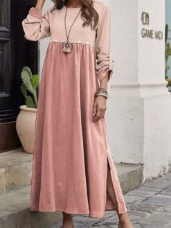 Women's Casual Dress Plain Dress Long Dress Maxi Dress Patchwork Button Outdoor Street Daily Fashion Classic Crew Neck Long Sleeve 2023 Loose Fit Pink Purple Green Color S M L XL XXL Size