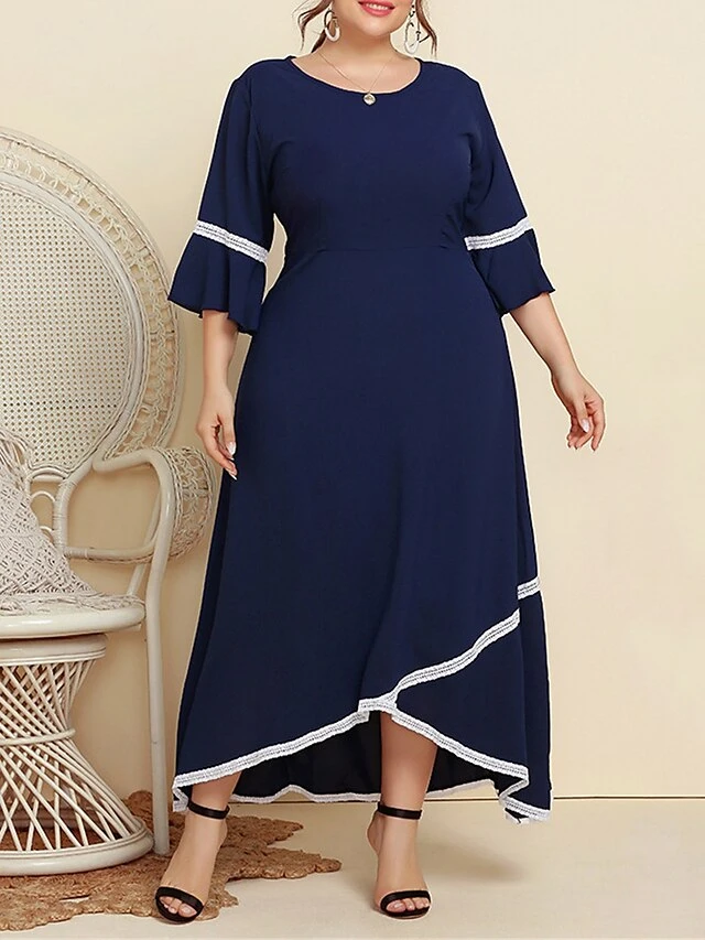 Women's Plus Size Curve Casual Dress Swing Dress A Line Dress Plain Long Dress Maxi Dress 3/4 Length Sleeve Patchwork Plus High Low Crew Neck Fashion Outdoor Dark Blue Fall Winter XL XXL 3XL 4XL 9 Women's Plus Size Curve Casual Dress Swing Dress A Line Dress Plain Long Dress Maxi Dress 3/4 Length Sleeve Patchwork Plus High Low Crew Neck Fashion Outdoor Dark Blue Fall Winter XL XXL 3XL 4XL - Image 9