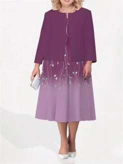 Women's Plus Size Curve Two Piece Dress Set Casual Dress Swing Dress Outdoor Office Fashion Streetwear Print Midi Dress Crew Neck Long Sleeve Floral Ombre Blue Purple Green Fall Winter L XL XXL -Casual Print Dress Sales wyknwi1692942822144