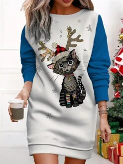 Women's Christmas Casual Dress Sweatshirt Dress Mini Dress Warm Fashion OutdoorVacation Crew Neck Print Animal Loose Fit Black Yellow Red S M L XL XXL -Casual Print Dress Sales wymbvt1695365432882