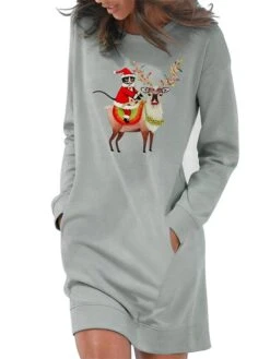 Women‘s Christmas Hoodie Dress Winter Dress Light Blue Grey White Long Sleeve Santa Claus Elk Pocket Print Winter Fall Crew Neck Stylish Casual 2022 S M L XL 2XL / Cotton -Casual Print Dress Sales wymnwq1666692065664