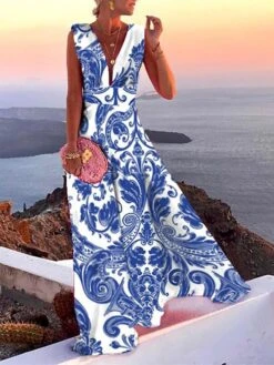 Women‘s Casual Dress Swing Dress Long Dress Maxi Dress Blue Light Green Fuchsia Sleeveless Floral Print Spring Summer V Neck 2023 S M L XL XXL -Casual Print Dress Sales wysnpr1629883773423