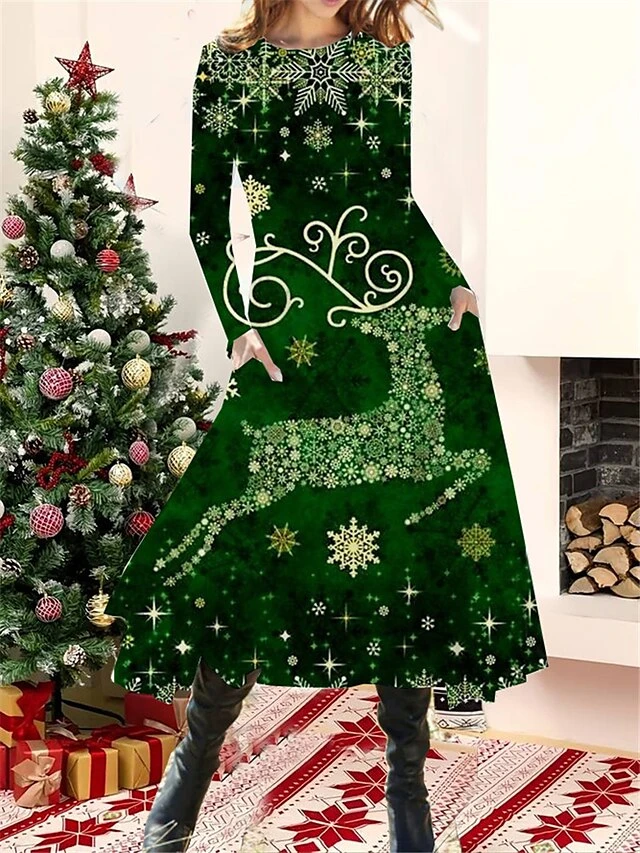 Women's Christmas Casual Dress Swing Dress Midi Dress Green Blue Light Green Long Sleeve Santa Claus Pocket Winter Fall Autumn Fashion Christmas Daily 2022 S M L XL XXL 3XL 3 Women's Christmas Casual Dress Swing Dress Midi Dress Green Blue Light Green Long Sleeve Santa Claus Pocket Winter Fall Autumn Fashion Christmas Daily 2022 S M L XL XXL 3XL - Image 3
