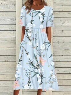 Women's Casual Dress Floral Dress Midi Dress Light Blue Short Sleeve Floral Ruched Summer Spring Fall Crew Neck Stylish Wedding Guest Vacation Summer Dress Loose Fit 2023 S M L XL XXL 3XL