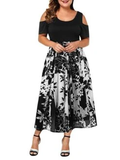 Women‘s Plus Size Curve Casual Dress Skater Dress A Line Dress Floral Long Dress Maxi Dress Short Sleeve Hollow Out Print Crew Neck Fashion Outdoor Black Wine Summer Spring L XL XXL 3XL 4XL -Casual Print Dress Sales wzmoai1678257282111