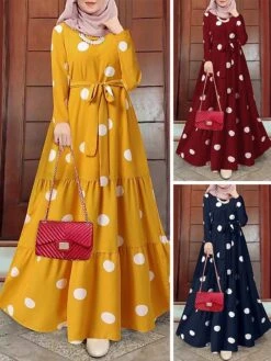 Women's Vintage Dress Kaftan Dress Polka Dot Dress Long Dress Maxi Dress Yellow Wine Navy Blue Long Sleeve Polka Dot Lace Up Spring Fall Winter Crew Neck Muslim Vacation Loose Fit 2023 S M L XL XXL