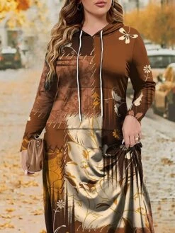 Women's Plus Size Curve Hoodie Dress Casual Dress Winter Dress Leaf Geometric Long Dress Maxi Dress Long Sleeve Pocket Print Hooded Fashion Outdoor Brown Khaki Fall Winter L XL XXL 3XL 4XL -Casual Print Dress Sales xacolk1697633247082