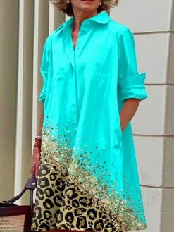 Women's Shirt Dress Casual Dress Midi Dress Outdoor Office Daily Polyester Fashion Modern Shirt Collar Button Pocket Long Sleeve Fall Winter 2023 Loose Fit Yellow Blue Purple Leopard Geometric Color -Casual Print Dress Sales xacunp1693386630555