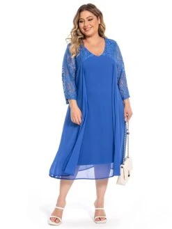 Women‘s Plus Size Curve Party Dress Lace Dress Work Dress Midi Dress Blue 3/4 Length Sleeve Pure Color Lace Summer Spring Fall V Neck Fashion Wedding Guest Summer Dress 2023 L XL XXL 3XL 4XL 5XL -Casual Print Dress Sales xadntq1694768970483