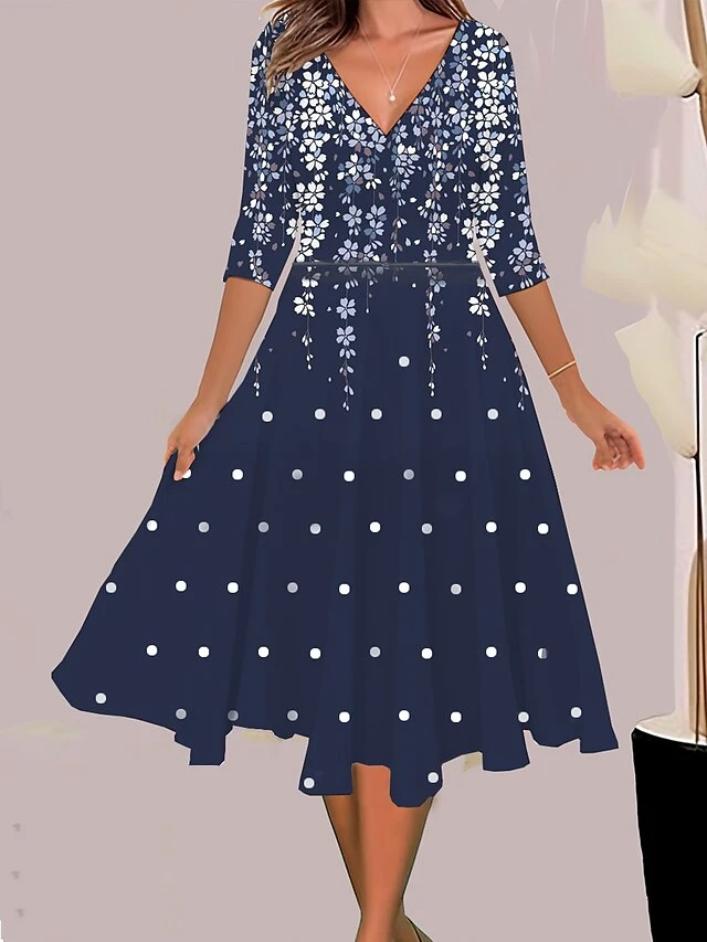 Women's Casual Dress Swing Dress A Line Dress Floral Ombre Print V Neck Midi Dress Fashion Streetwear Outdoor Daily 3/4 Length Sleeve Regular Fit Black Yellow Navy Blue Summer Spring S M L XL XXL 2 Women's Casual Dress Swing Dress A Line Dress Floral Ombre Print V Neck Midi Dress Fashion Streetwear Outdoor Daily 3/4 Length Sleeve Regular Fit Black Yellow Navy Blue Summer Spring S M L XL XXL - Image 2