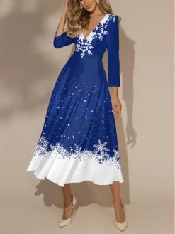 Women's Casual Dress Christmas Dress Swing Dress Snowflake Print V Neck Midi Dress Fashion Streetwear Outdoor Christmas 3/4 Length Sleeve Regular Fit Black Red Blue Fall Winter S M L XL XXL -Casual Print Dress Sales xasfri1697195315436
