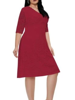 Women‘s Plus Size Curve Party Dress Lace Dress White Dress Solid Color Midi Dress Half Sleeve Lace V Neck Fashion Party White Red Summer Spring XL XXL 3XL 4XL 5XL -Casual Print Dress Sales xaxxzz1681204551567