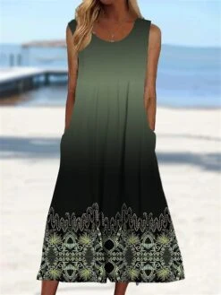 Women's Casual Dress Tank Dress Floral Feather Pocket Crew Neck Midi Dress Active Going Out Sleeveless Regular Fit Light Green Navy Blue Blue Summer Spring S M L XL XXL -Casual Print Dress Sales xbsftp1688036374272