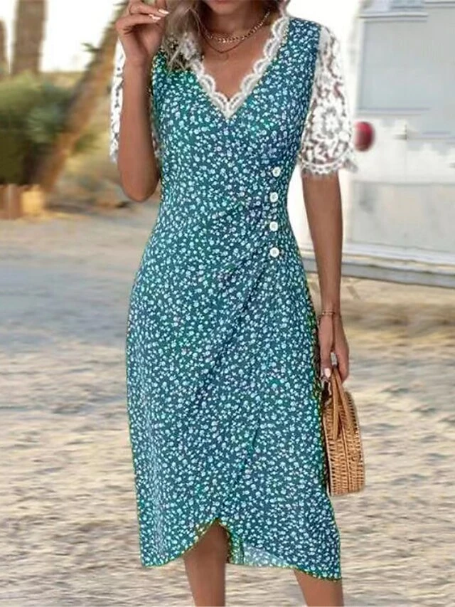 Women's Casual Dress Wrap Dress Summer Dress Ditsy Floral Lace Patchwork V Neck Midi Dress Fashion Streetwear Daily Holiday Short Sleeve Loose Fit Black Red Blue Summer Spring S M L XL XXL 5 Women's Casual Dress Wrap Dress Summer Dress Ditsy Floral Lace Patchwork V Neck Midi Dress Fashion Streetwear Daily Holiday Short Sleeve Loose Fit Black Red Blue Summer Spring S M L XL XXL - Image 5