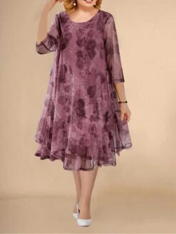 Women‘s Plus Size Curve Work Dress Swing Dress Semi Formal Dress Fashion Midi Dress Mesh Layered Crew Neck 3/4 Length Sleeve Floral Loose Fit Red Summer Spring L XL XXL 3XL 4XL