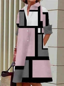 Women's Shirt Dress Casual Dress Midi Dress Outdoor Office Daily Polyester Fashion Modern Shirt Collar Button Pocket Long Sleeve Fall Winter 2023 Loose Fit Pink Blue Khaki Geometric Plaid Color Block