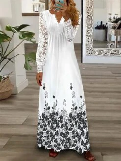 Women's Casual Dress Lace Dress Winter Dress Floral Lace Patchwork V Neck Lace Sleeve Long Dress Maxi Dress Fashion Streetwear Outdoor Daily Long Sleeve Regular Fit White Blue Fall Winter S M L XL XXL