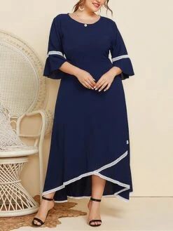 Women's Plus Size Curve Casual Dress Swing Dress A Line Dress Plain Long Dress Maxi Dress 3/4 Length Sleeve Patchwork Plus High Low Crew Neck Fashion Outdoor Dark Blue Fall Winter XL XXL 3XL 4XL