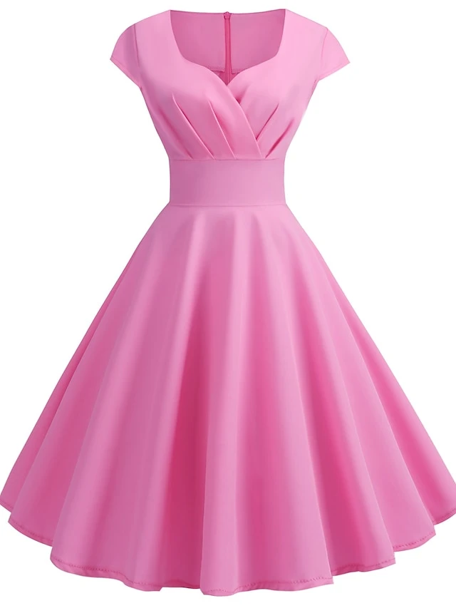 Women's Swing Dress Vintage Tea Dresses Midi Dress Black Yellow Pink Short Sleeve Pure Color Ruched Spring Summer Crew Neck Vintage Daily Weekend Slim S M L XL XXL 4 Women's Swing Dress Vintage Tea Dresses Midi Dress Black Yellow Pink Short Sleeve Pure Color Ruched Spring Summer Crew Neck Vintage Daily Weekend Slim S M L XL XXL - Image 4