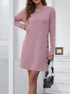 Women's Casual Dress T Shirt Dress Tee Dress Winter Dress Mini Dress Patchwork Button Daily Going Out Weekend Basic Elegant Crew Neck Long Sleeve Black Pink Grey Color S M L XL 2XL Size -Casual Print Dress Sales xeesem1693363966692