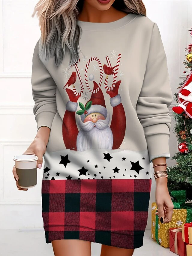 Women's Christmas Casual Dress Sweatshirt Dress Mini Dress Warm Fashion OutdoorVacation Crew Neck Print Santa Claus Loose Fit Black Red Beige S M L XL XXL 4 Women's Christmas Casual Dress Sweatshirt Dress Mini Dress Warm Fashion OutdoorVacation Crew Neck Print Santa Claus Loose Fit Black Red Beige S M L XL XXL - Image 4