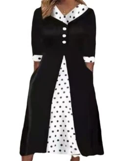 Women‘s Plus Size Curve Casual Sweater Dress A Line Sweater Dress Polka Dot Color Block Midi Sweater Dress 3/4 Length Sleeve Button Pocket V Neck Fashion Outdoor White Yellow Summer Spring -Casual Print Dress Sales xfqqjz1679394249494