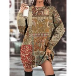Women's Casual Dress Sweatshirt Dress Winter Dress Floral Geometric Pocket Print Crew Neck Mini Dress Fashion Streetwear Outdoor Daily Long Sleeve Loose Fit Dark Brown Green Khaki Fall Winter S M L