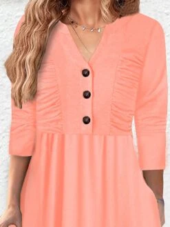Women's Casual Dress Plain Dress Empire Waist Dresses Midi Dress Ruched Button Outdoor Daily Vacation Fashion Classic V Neck Long Sleeve 2023 Loose Fit Pink Green Color S M L XL XXL Size -Casual Print Dress Sales xgqkfd1692094835801