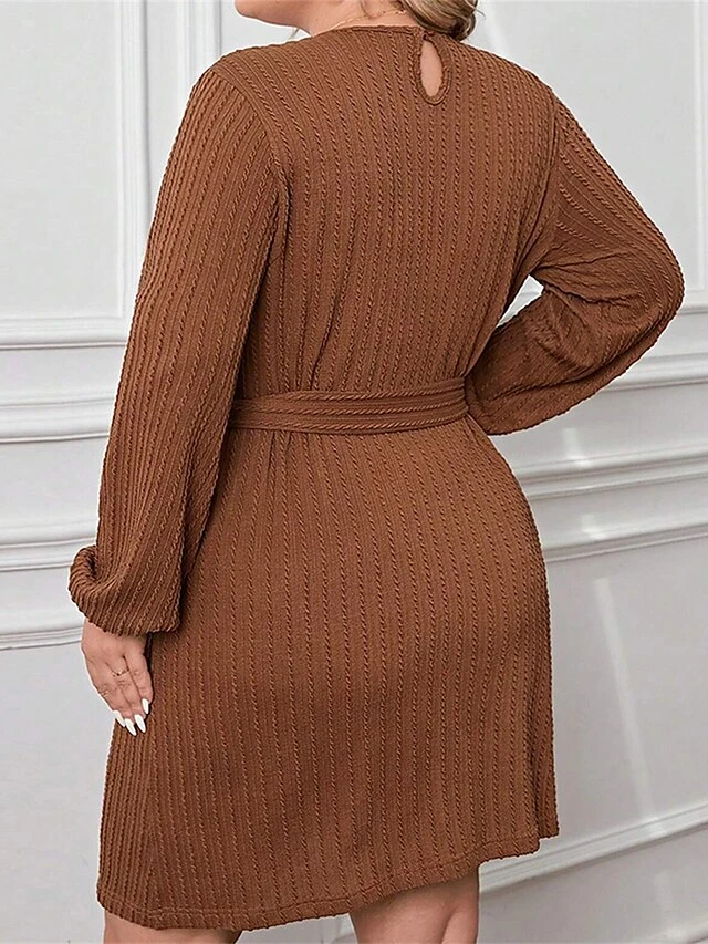 Women's Plus Size Curve Casual Dress Winter Dress Knit Dress Plain Midi Dress Long Sleeve Lace Up Crew Neck Fashion Outdoor Brown Fall Winter XL XXL 3XL 2 Women's Plus Size Curve Casual Dress Winter Dress Knit Dress Plain Midi Dress Long Sleeve Lace Up Crew Neck Fashion Outdoor Brown Fall Winter XL XXL 3XL - Image 2