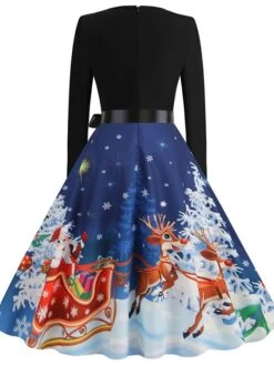 Women's Christmas Casual Dress Swing Dress Midi Dress Blue Purple Royal Blue Light Blue White Long Sleeve Santa Claus Elk Tree Bow Print Winter Fall V Neck Vacation Vintage 2022 S M L XL -Casual Print Dress Sales xiexxj1666927318595