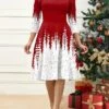 Women's Retro 1950s Vintage Dress Midi Dress Christmas Daily Print Christmas Tree Off Shoulder 3/4 Length Sleeve Slim Spring Fall 2023 Red Blue S M L XL