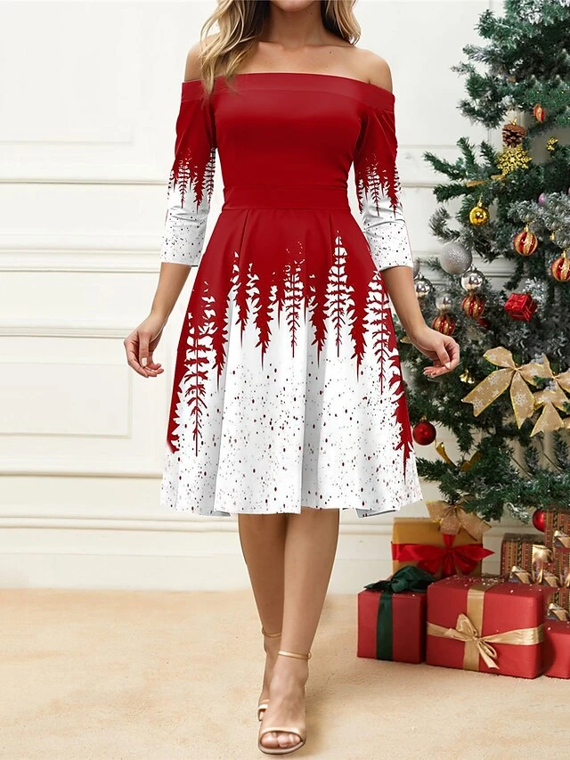 Women's Retro 1950s Vintage Dress Midi Dress Christmas Daily Print Christmas Tree Off Shoulder 3/4 Length Sleeve Slim Spring Fall 2023 Red Blue S M L XL 1 Women's Retro 1950s Vintage Dress Midi Dress Christmas Daily Print Christmas Tree Off Shoulder 3/4 Length Sleeve Slim Spring Fall 2023 Red Blue S M L XL