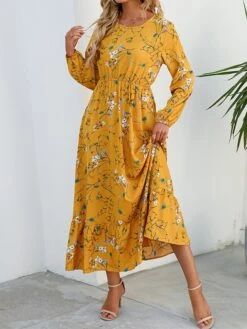 Women's Casual Dress Swing Dress A Line Dress Floral Print Crew Neck Long Dress Maxi Dress Fashion Modern Daily Holiday Long Sleeve Regular Fit Black White Yellow Fall Winter S M L XL -Casual Print Dress Sales xinucq1695036776928
