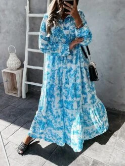 Women's Casual Dress Swing Dress Print Dress Floral Ruched Print V Neck Long Dress Maxi Dress Fashion Streetwear Outdoor Street Long Sleeve Loose Fit Red Blue Green Fall Winter S M L XL XXL -Casual Print Dress Sales xjioal1694066135411