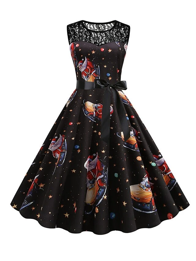 Women‘s Christmas Retro 1950s Vintage Dress Midi Dress Party Patchwork Bow Santa Claus Crew Neck Sleeveless Regular Fit Fall Winter 2023 Black White S M L XL 4 Women‘s Christmas Retro 1950s Vintage Dress Midi Dress Party Patchwork Bow Santa Claus Crew Neck Sleeveless Regular Fit Fall Winter 2023 Black White S M L XL - Image 4