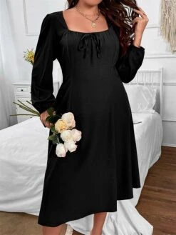 Women's Plus Size Curve Party Dress Cocktail Dress Black Dress Midi Dress Black Long Sleeve Pure Color Lace Up Spring Fall Winter Square Neck Fashion Winter Dress Birthday Wedding Guest XL XXL 3XL -Casual Print Dress Sales xllwfn1691648095468