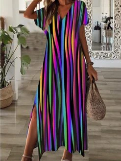 Women's Casual Dress A Line Dress Summer Dress Graphic Split Print V Neck Long Dress Maxi Dress Fashion Streetwear Outdoor Daily Short Sleeve Regular Fit Blue Purple Summer Spring S M L XL XXL