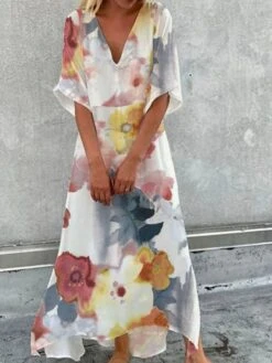 Women's Marbling Floral Print Casual Dress Swing Dress Boho Dress Long Dress Maxi Dress Green Blue Yellow Half Sleeve Summer Fall Spring V Neck Weekend Loose Fit 2023 S M L XL XXL 3XL -Casual Print Dress Sales xndvaj1655189318748