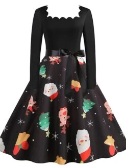 Women's Christmas Vintage Dress Midi Dress Black And White Green Black Long Sleeve Santa Claus Bow Winter Fall Autumn Square Neck Stylish Christmas Vacation 2022 S M L XL XXL 3XL -Casual Print Dress Sales xnecpa1667637302009