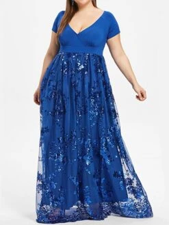 Women's Plus Size Swing Dress Solid Color V Neck Layered Short Sleeve Fall Prom Dresses Maxi Long Dress Party Dress -Casual Print Dress Sales xngbsh1629106117872