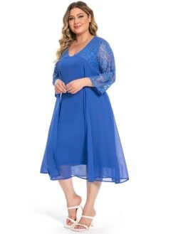 Women‘s Plus Size Curve Party Dress Lace Dress Work Dress Midi Dress Blue 3/4 Length Sleeve Pure Color Lace Summer Spring Fall V Neck Fashion Wedding Guest Summer Dress 2023 L XL XXL 3XL 4XL 5XL -Casual Print Dress Sales xnpfgg1694768969668