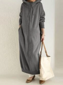 Women's Casual Dress Hoodie Dress Shift Dress Long Dress Maxi Dress Pocket Outdoor Street Daily Active Fashion Hooded Long Sleeve 2023 Loose Fit Black Brown Gray Color S M L XL XXL Size