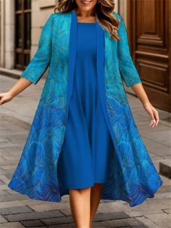 Women's Plus Size Curve Casual Dress Dress Set Two Piece Dress Floral Midi Dress 3/4 Length Sleeve Print Crew Neck Fashion Outdoor Blue Purple Fall Winter L XL XXL 3XL 4XL