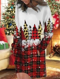Women's Christmas Casual Dress Sweatshirt Dress Mini Dress Warm Fashion OutdoorHoliday Crew Neck Pocket PrintTree Snowflake Loose Fit Burgundy Blue Green S M L XL XXL