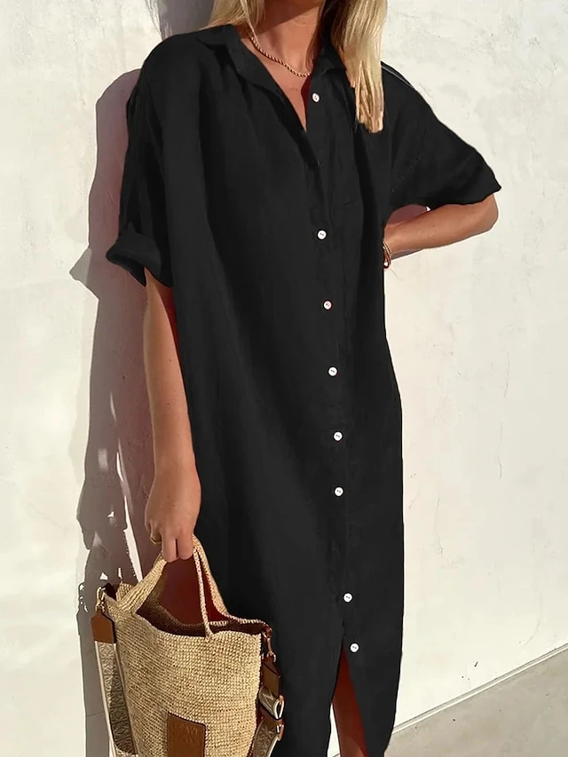 Women's Shirt Dress Casual Dress Midi Dress Daily Cotton Casual Shirt Collar Button Short Sleeve Summer Spring Fall 2023 Loose Fit ArmyGreen Black Red Plain XS S M L XL 1 Women's Shirt Dress Casual Dress Midi Dress Daily Cotton Casual Shirt Collar Button Short Sleeve Summer Spring Fall 2023 Loose Fit ArmyGreen Black Red Plain XS S M L XL