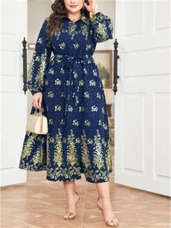 Women's Plus Size Curve Party Dress Wedding Guest Dress Long Dress Maxi Dress Dark Blue Long Sleeve Flower Lace Up Fall Winter Autumn Shirt Collar Fashion Evening Party Wedding Guest L XL -Casual Print Dress Sales xpcwgc1693210684452