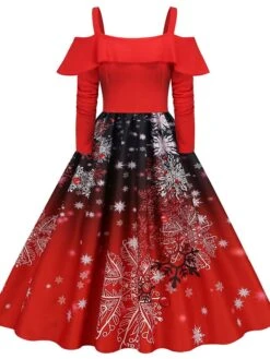 Women's Christmas Vintage DressKnee Length Dress Wine Light Red Red White Black Long Sleeve Santa Claus Elk Snowman Cold Shoulder Print Fall Winter Spaghetti Strap Vacation Vintage 2022 -Casual Print Dress Sales xpfnpc1665293365718